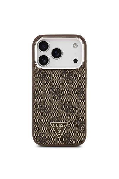 Guess iPhone 17 Pro Case Licensed M-Safeli Silver with Camera Frame Triangle Logo 4g Patterned Brown