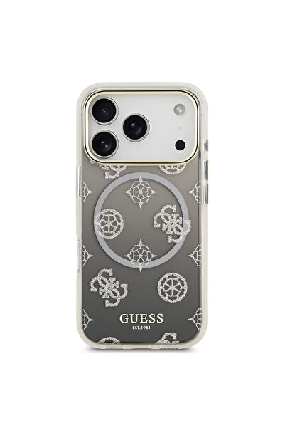 Guess iPhone 17 Pro Compatible Case Licensed M-Safe Featured Glitter Peony Patterned Silicone Cover Black