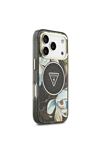 Guess iPhone 17 Pro Max Case Licensed M-Safeli Glittery Floral Pattern Metal Camera Frame Black