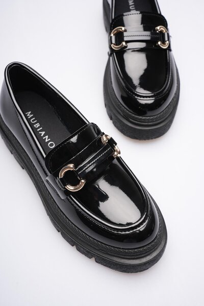 Mubiano Women's Patent Leather Loafer Oxford Thick Comfort Sole Buckle Detailed Black Auren