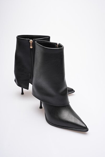 Mubiano Γυναικείες δερμάτινες μπότες με τακούνι με φερμουάρ Μαύρο Lunessa