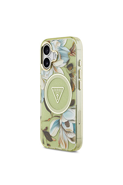 Guess iPhone 17 Case Licensed M-Safeli Glittery Floral Pattern Metal Camera Frame Triangle Logo Green