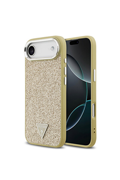Guess iPhone 17 Air Compatible Case Licensed M-Safeli Metal Camera Frame Triangle Logo Glitter Gold