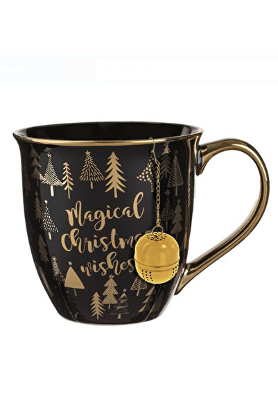 NBPRINT New Bone Black Christmas Mug Set with Golden Handle "Merry Christmas" & Infuser 600ml