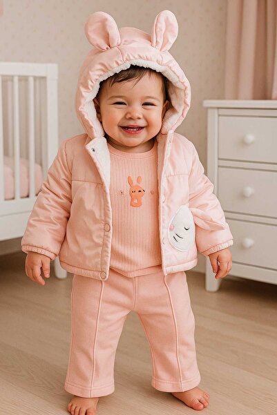 MİLAYS LİFE HOME COLLECTİON Baby Girl 3-Piece Set with Rabbit Embroidery and Pockets, 100% Cotton. Welsoft Lamb Lining Inside the Coat