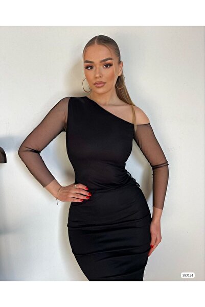 vuvutasarım Women's One Shoulder Sleeves Tulle Special Design Women's Tulle Dress Evening Dress Graduation Dress 583124