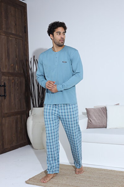 Serena Blue men's pajamas - blouse with buttons and metallic detail, long plaid pants