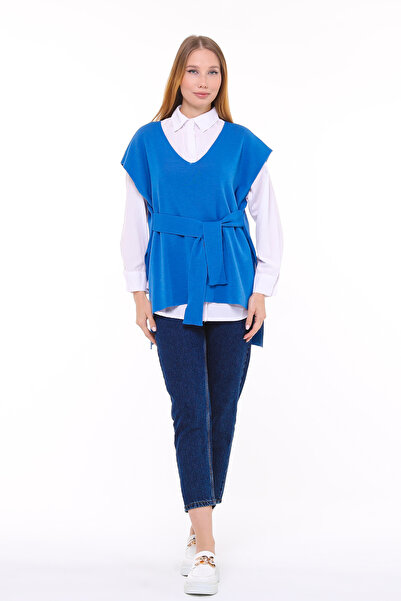 MA ananas Women's V-Neck Belted Long Knitwear Sweater