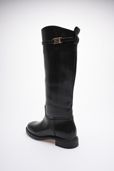 Mubiano Women's Leather Pull-On Boots Black Narella with Gold Buckle