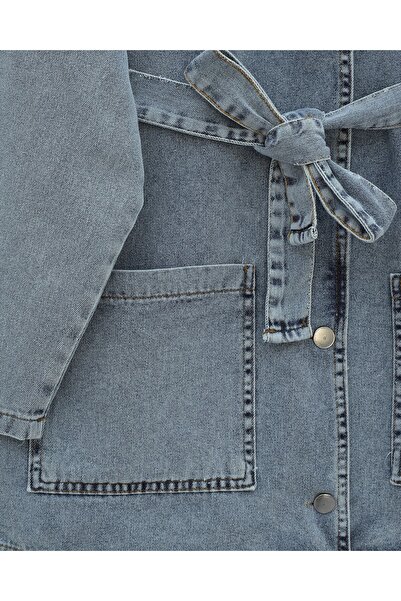 Modamorfo Buttoned Front Double Pocket Belted Denim Suit - Ice Blue