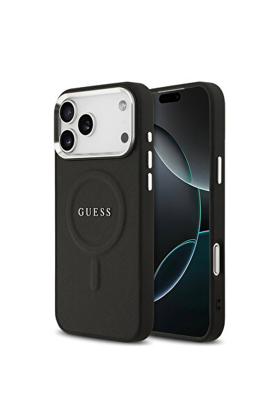 Guess iPhone 17 Pro Max Compatible Case Licensed M-Safe Featured Classic Text Logo Pu Cover Black