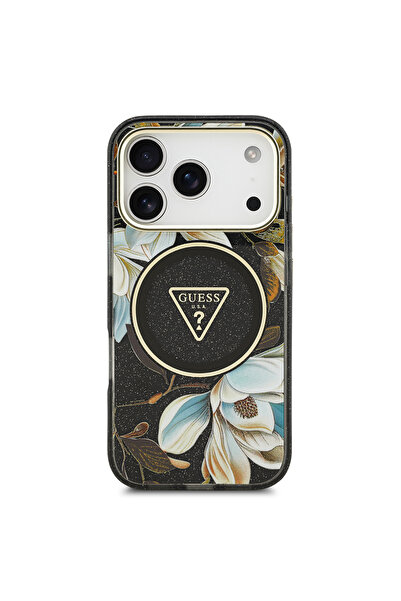 Guess iPhone 17 Pro Max Case Licensed M-Safeli Glittery Floral Pattern Metal Camera Frame Black
