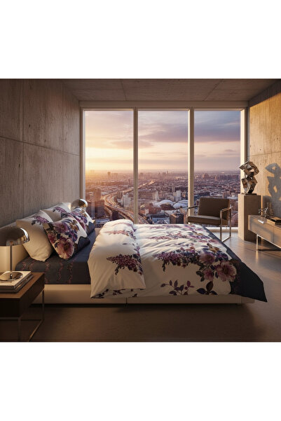 Brava Casa Violet Dream Double Bed Linen, 6 Pieces, Fine, White with Purple and Lilac Flowers, BravaCasa