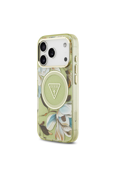 Guess iPhone 17 Pro Case Licensed M-Safeli Glittery Floral Pattern Metal Camera Frame Cover Green