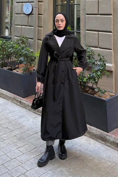 lamelif Trench Coat with Elastic Sleeves Black