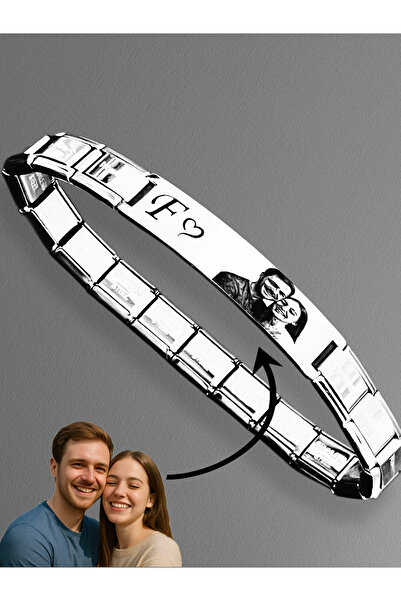 Vamoria Kişiye Özel Resimli Fotoğraflı Harfli Charm İtalyan Lazer Baskılı Çelik Paslanmaz Çift Bilekliği