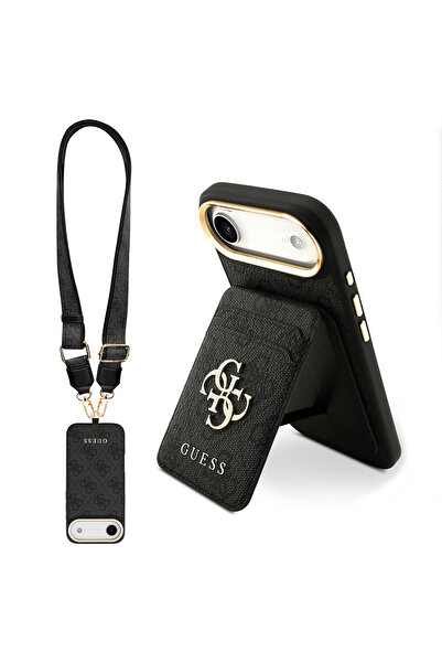 Guess iPhone 17 Air Compatible Case Licensed M-Safe Featured with Strap and 4g Logo Card Holder Cover Black