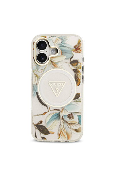 Guess iPhone 17 Case Licensed M-Safeli Glittery Floral Pattern Metal Camera Frame Triangle Logo White