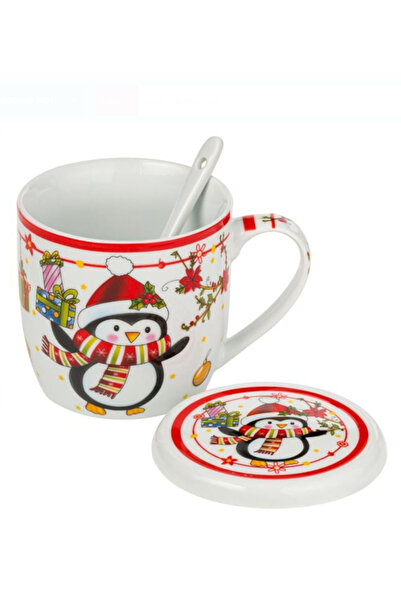 NBPRINT Set of Christmas Ceramic Mug with Lid and Spoon Penguin 350ml - 3pcs