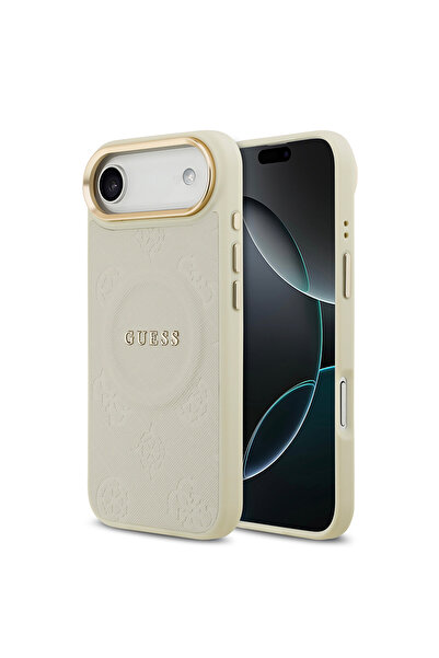 Guess iPhone 17 Air Compatible Case Licensed M-Safeli Hot Stamping Letter Logo Pu Leather Peony Cover Beige