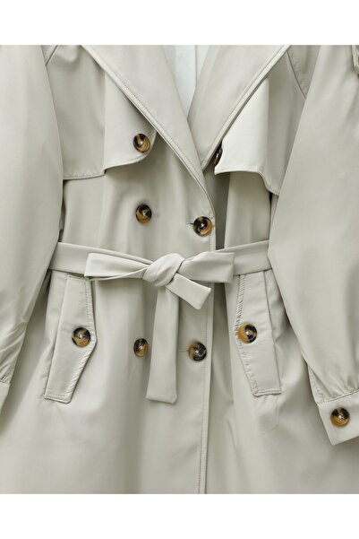 Modamorfo Omzu Epaulettes Double Buttoned Bolero Pocketed Belted Trench Coat -Stone
