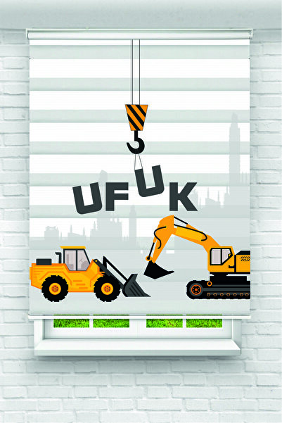 Yznhome Çocuk odası- Vinçli İnşaat Araçları ve İsim Yazılı Zebra Perde - YZN-...