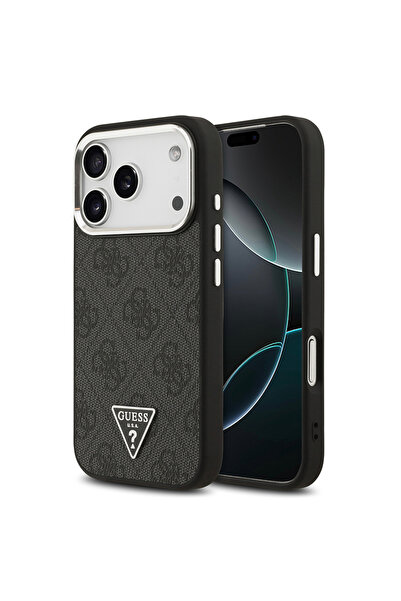 Guess iPhone 17 Pro Case Licensed M-Safeli Silver with Camera Frame Triangle Logo 4g Patterned Black