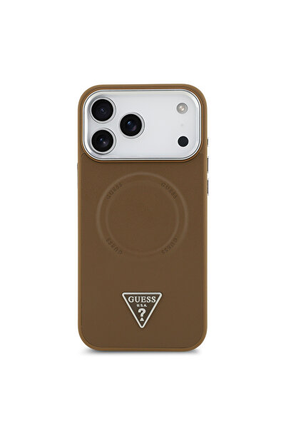 Guess iPhone 17 Pro Case Licensed M-Safeli Pu Leather Metal Camera Frame Triangle Logo Cover Brown