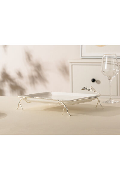 Malooki Rectangular porcelain platter with silver metal stand – 32.7 × 25.5 × 9 cm