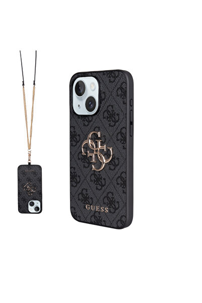 Guess iPhone 15 Plus Compatible Case Licensed Pu 4g Large Metal Logo Cross Body Strap Cover Black
