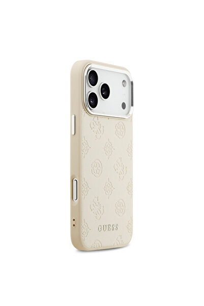 Guess iPhone 17 Pro Max Case Licensed M-Safeli Hot Printed Classic Lettering Logo Pu Leather Peony Beige