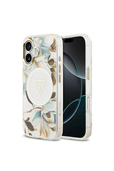 Guess iPhone 17 Case Licensed M-Safeli Glittery Floral Pattern Metal Camera Frame Triangle Logo White