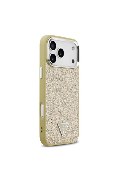Guess iPhone 17 Pro Max Case Licensed M-Safeli Metal Camera Framed Triangle Logo Glitter Gold