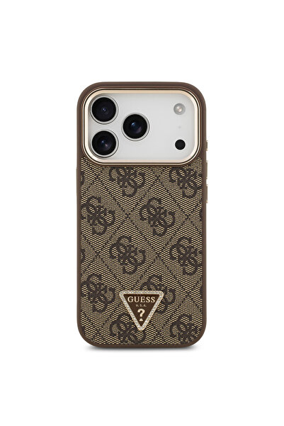 Guess iPhone 17 Pro Case Licensed M-Safeli Gold Camera Frame with Stone Triangle Logo 4g Patterned Coffee
