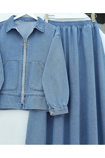 Modamorfo Denim Suit with Front Zipper and Double Pockets - Ice Blue