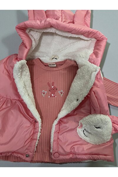 MİLAYS LİFE HOME COLLECTİON Baby Girl 3-Piece Set with Rabbit Embroidery and Pockets, 100% Cotton. Welsoft Lamb Lining Inside the Coat