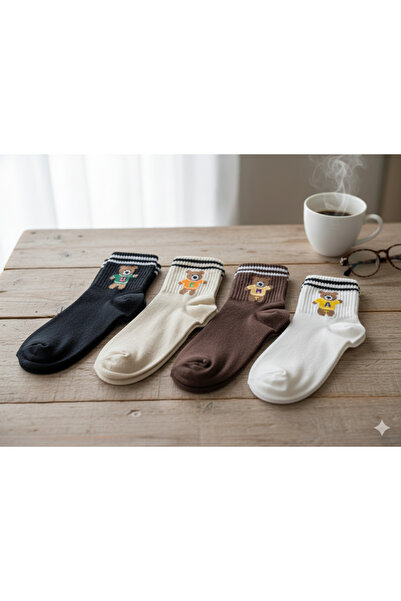 Arvien Store Ayıcık Detaylı 4 Renk %100 Pamuk Çorap 4'lü Paket