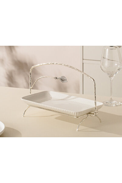 Malooki Rectangular porcelain platter with silver metal stand and floral decoration – 34.6 × 14 × 21 cm