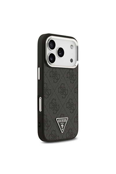 Guess iPhone 17 Pro Case Licensed M-Safeli Silver with Camera Frame Triangle Logo 4g Patterned Black