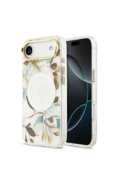 Guess iPhone 17 Air Case Licensed M-Safeli Glittery Floral Pattern Metal Camera Frame Cover White