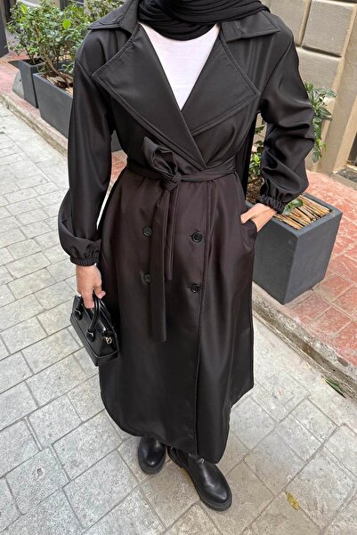 lamelif Trench Coat with Elastic Sleeves Black