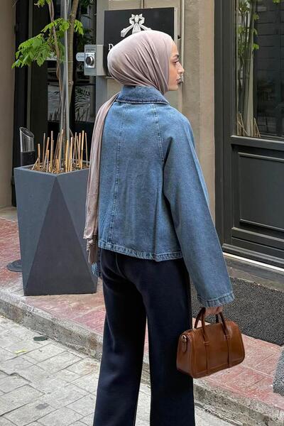 lamelif Jachetă din denim cu închidere cu apăsare, albastru denim