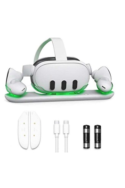 Generic قاعدة شحن الواقع الافتراضي لجهاز Quest 3 — قاعدة مزدوجة مزودة بمؤشرات LED وبطاريتين قابلتين لإعادة الشحن