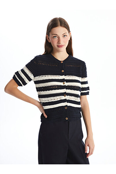 LC Waikiki Crew Neck Lace-Like Knit Short Sleeve Women's Knitwear Cardigan