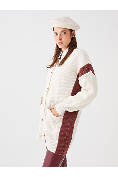 LC Waikiki V-Neck Color Blocked Long Sleeve Women's Knitwear Cardigan