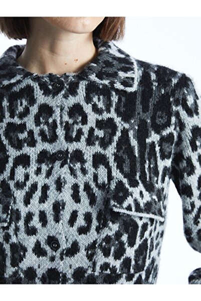 LC Waikiki Polo Neck Leopard Print Women's Knitwear Cardigan