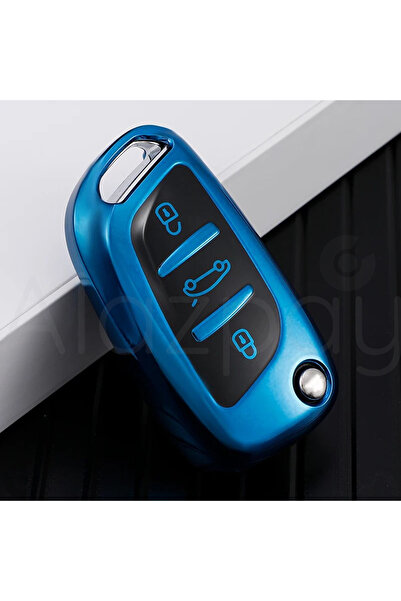 Alazpay غطاء مفتاح السيارة من مادة TPU اللامعة لسيارات بيجو 107 207 307 407 308 408 3008 5008 وسيتروين C3 C4 C5 DS (أزرق)