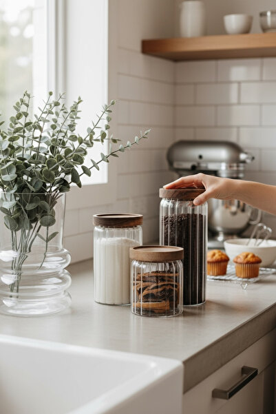 zezedesing 3-Piece Acacia Lidded Striped Jar Set (650/1100/1500ml)