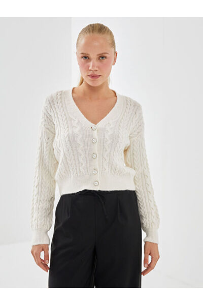 LC Waikiki V-Neck Self Patterned Women's Knitwear Cardigan