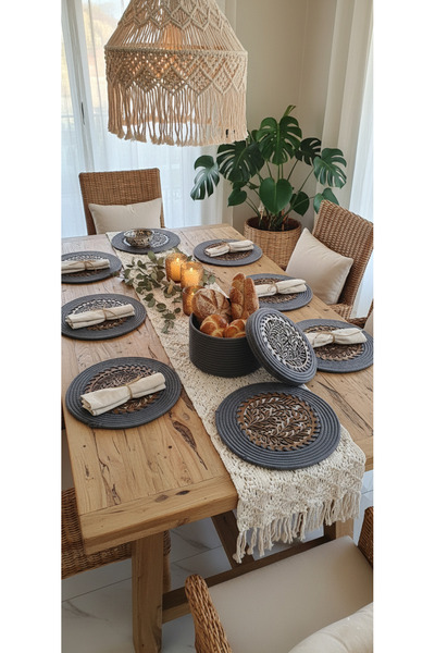 Comfort Craft 4 lü Ahşap Detaylı Jüt Supla Takımı ve Ekmek Sepeti Antrasit / ...